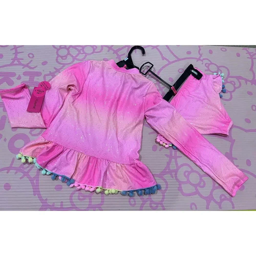 NWT❤️Betsey Johnson Girl's Long Sleeve 2 Pc Rash Guard Tankini Swimsuit sz14